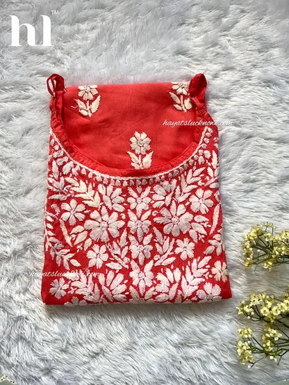orange and peach chikankari noodle strap long kurti with intricate hand embroidery