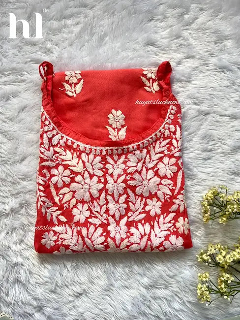 orange and peach chikankari noodle strap long kurti with intricate hand embroidery