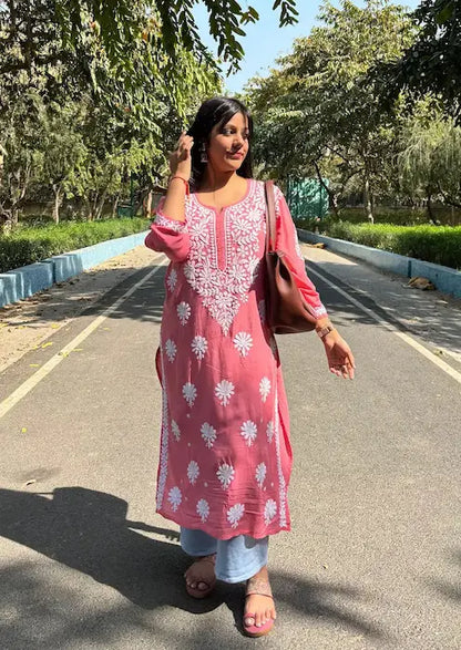 long chikankari modal kurti in pink peach colour best for traditional wear
