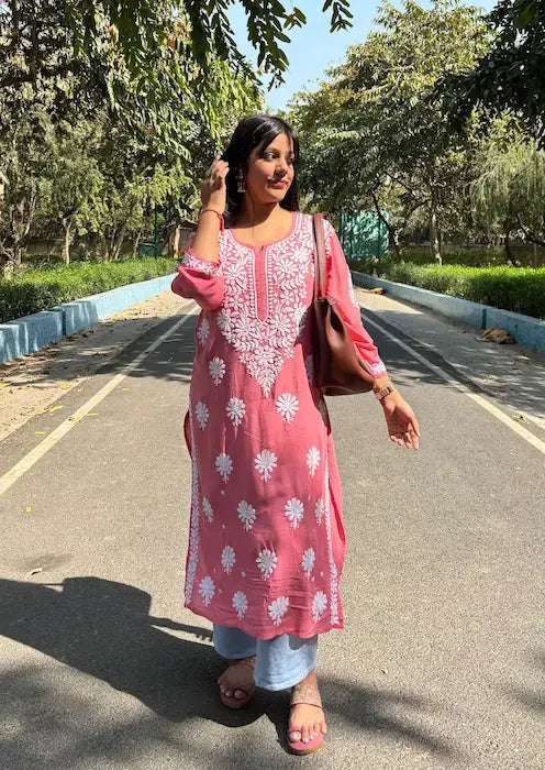 long chikankari modal kurti in pink peach colour best for traditional wear
