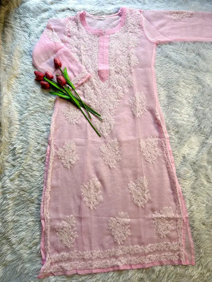Pink embroidered kurta chikankari | Hayat's Lucknowi