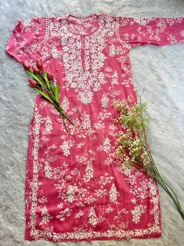 pink floral pattern chikankari hand embroidered straight kurta