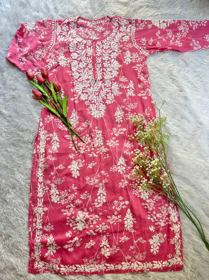 pink floral pattern chikankari hand embroidered straight kurta