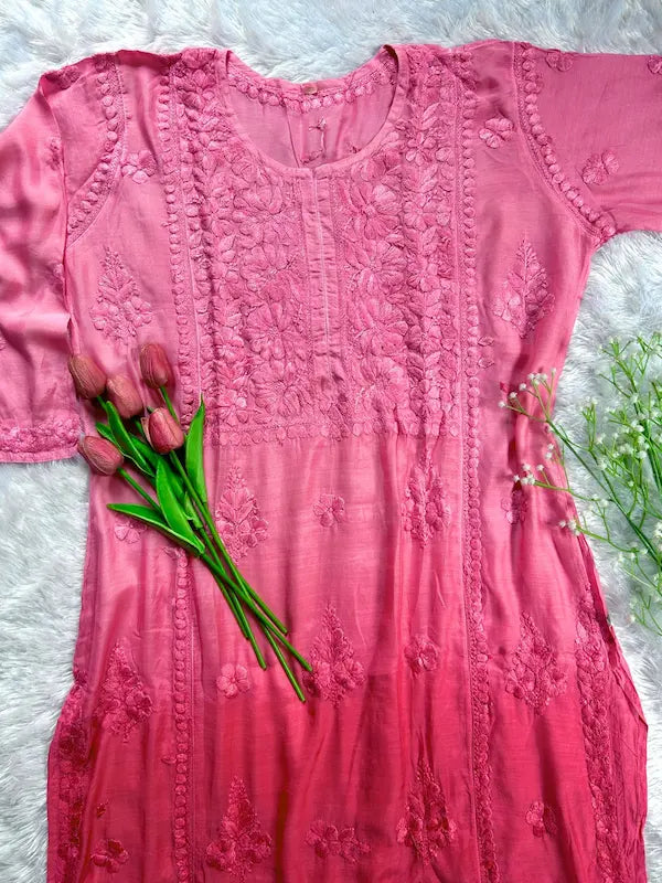 Pink muslin silk kurti with Lucknowi chikankari embroidery by Hayat’s Lucknowi