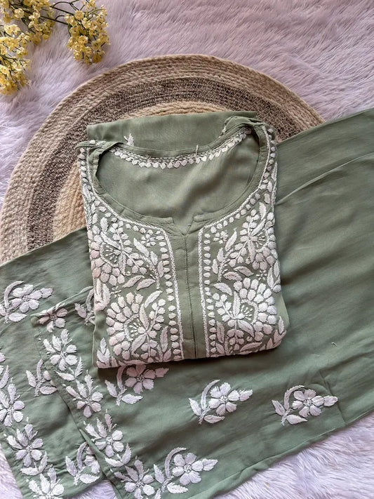  pista green kurta set chikankari work embroidery casual wear | Hayat's Lucknowi