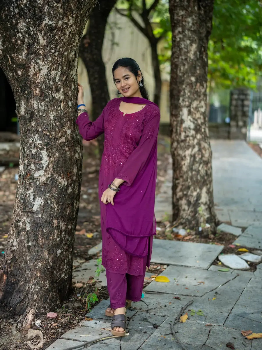 rayon chikankari kurta plazo set with intricate handwork and mukesh work with dupatta