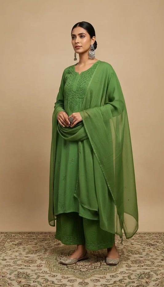 Zeenat Sabz Green Rayon Lucknowi Chikankari Kurta Set with Dupatta