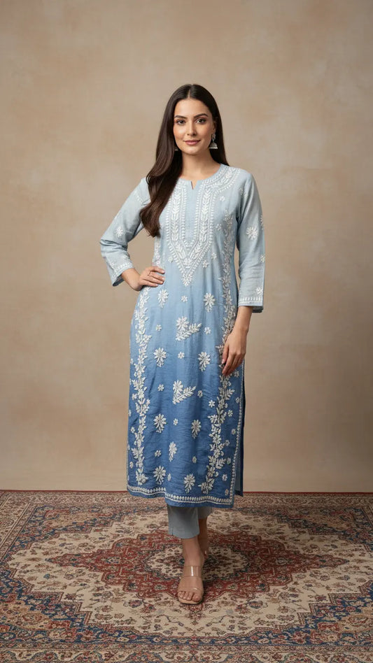 Blue Chanderi Lucknowi Chikankari Kurta
