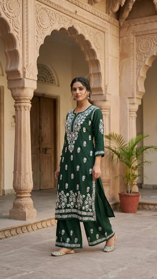 Khushi Bottle Green Lucknowi Chikankari Kurta Set