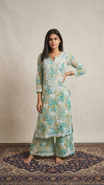 Shifa Green Lucknowi Chikankari Printed Mul Mul Kurta Set
