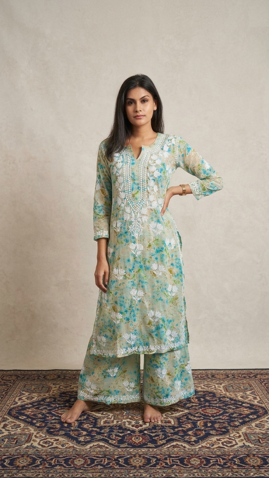 Shifa Green Lucknowi Chikankari Printed Mul Mul Kurta Set