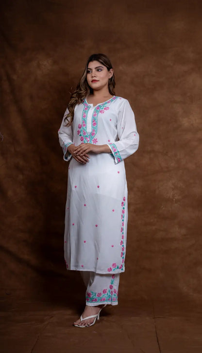Gul Noor White Modal Lucknowi Chikankari Kurta Set