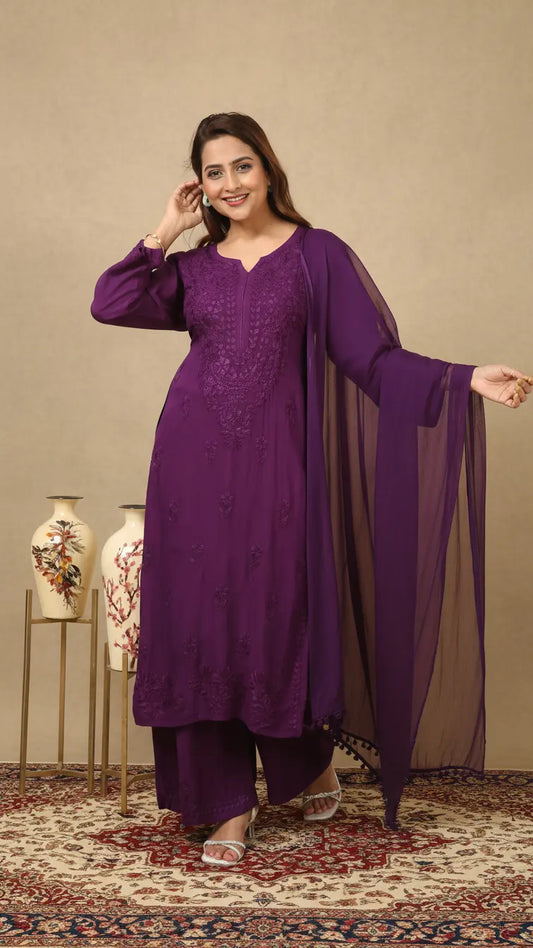 Zeenat Purple Rayon Lucknowi Chikankari Kurta Set with Dupatta