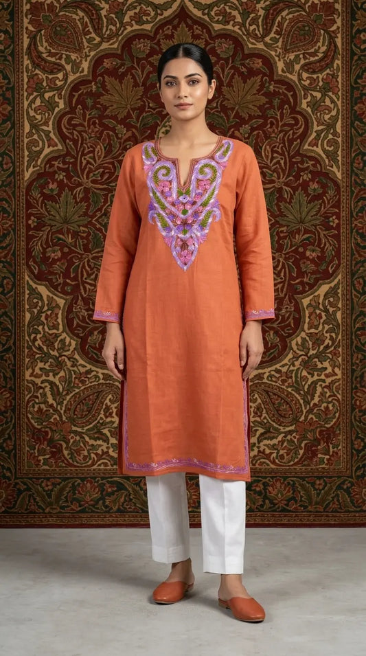 Peach Kashmiri Long Kurta with Multi Work Embroidery
