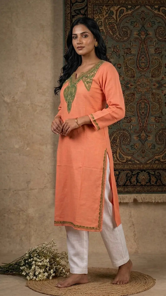 Peach Kashmiri Long Kurta with Paisley Green Embroidery