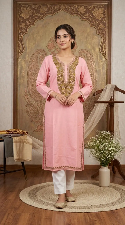 Pink Kashmiri Long Kurta with Green Embroidery