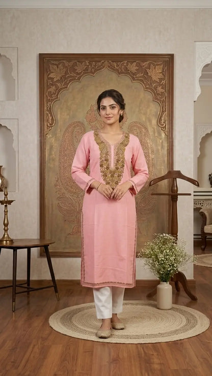 Pink Kashmiri Long Kurta with Green Embroidery