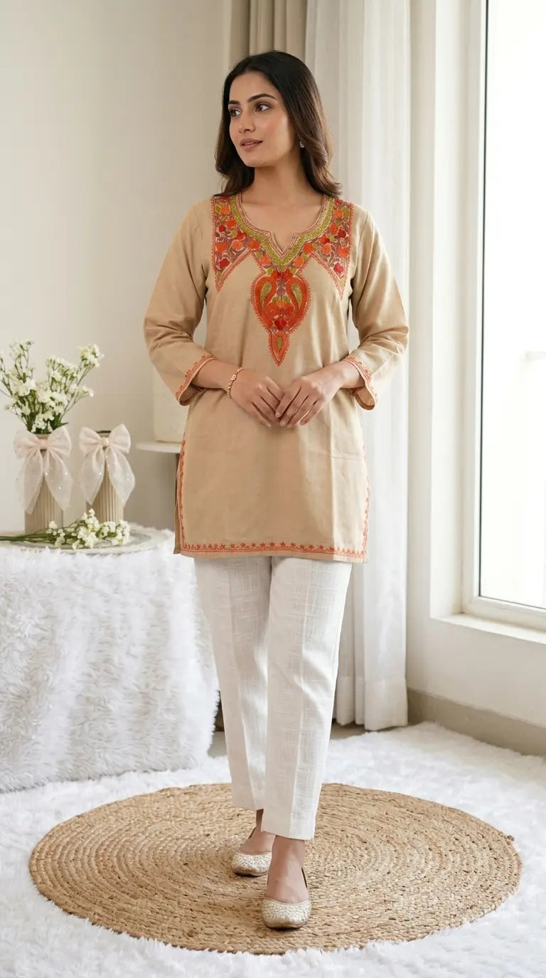 Beige Kashmiri Short Kurta