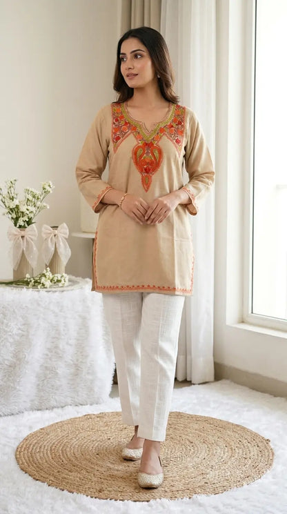 Beige Kashmiri Short Kurta