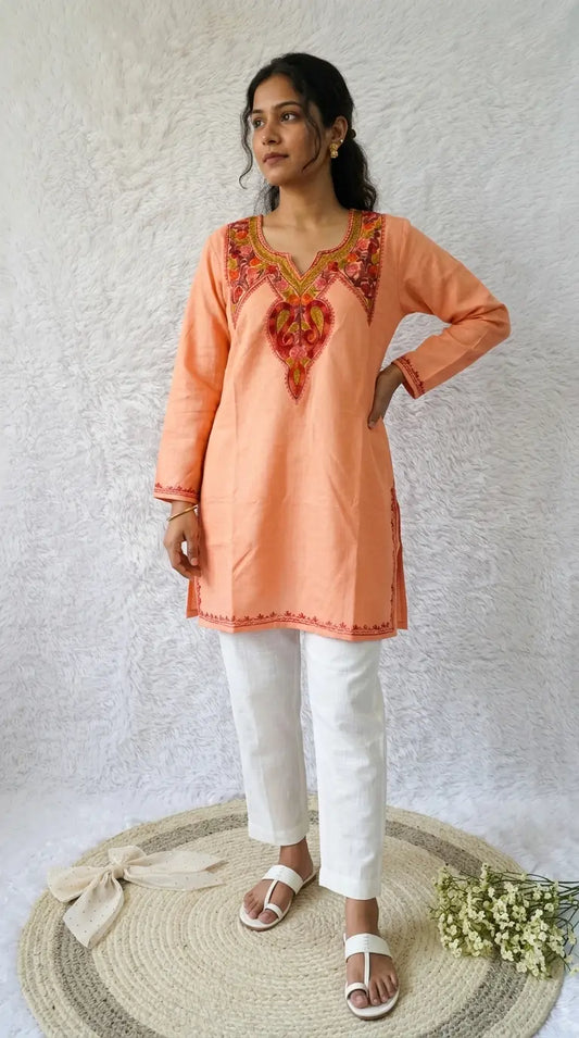 Peach Kashmiri Short Kurta with Multi Work Embroidery