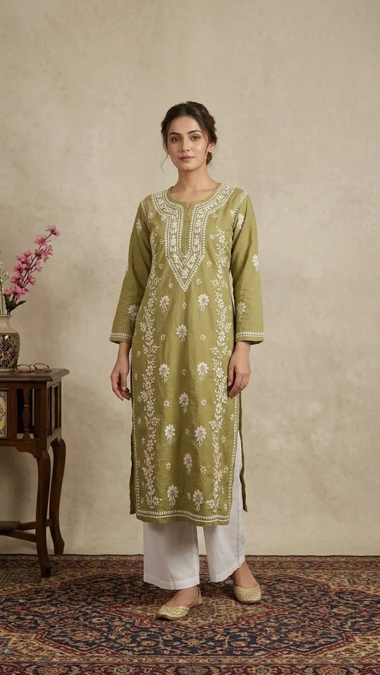 Green Chanderi Lucknowi Chikankari Kurta