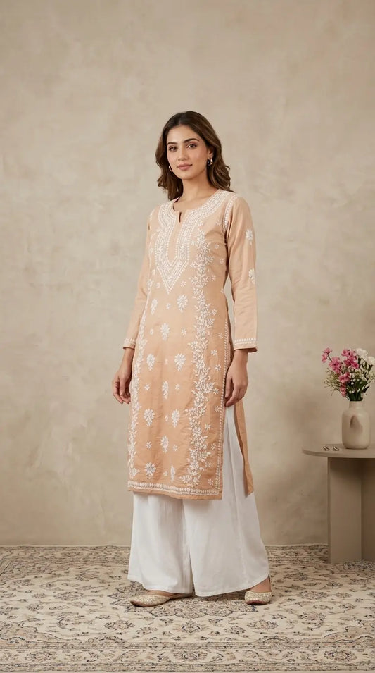 Beige Chanderi Lucknowi Chikankari Kurta