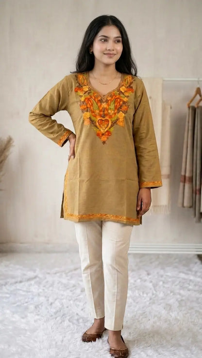 Khaki Kashmiri Short Kurta
