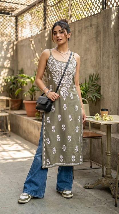 Saba Gray Noodle Strap Chikankari Long Kurti