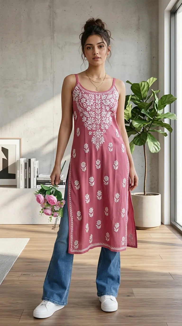 Saba Nude Noodle Strap Chikankari Long Kurti
