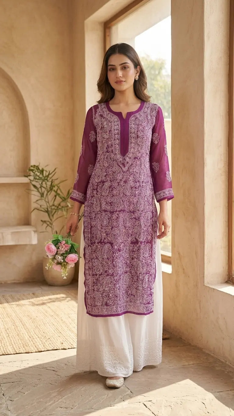 Karishma Wine Georgette Chikankari Kurti