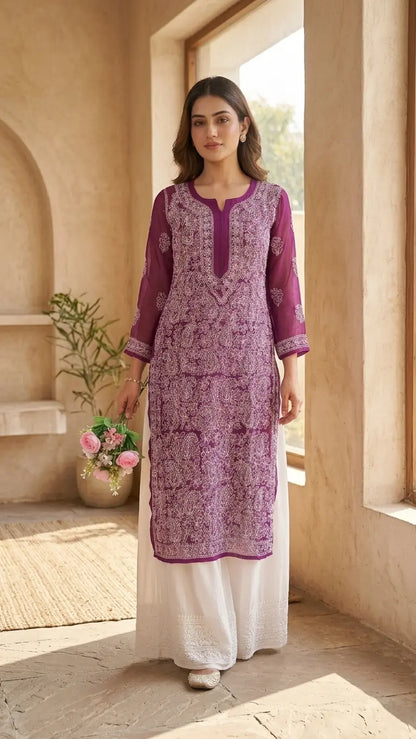 Karishma Wine Georgette Chikankari Kurti