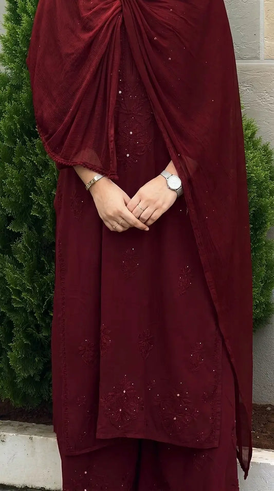 Nagma Maroon Rayon Lucknowi Mukesh Chikankari Set with Dupatta