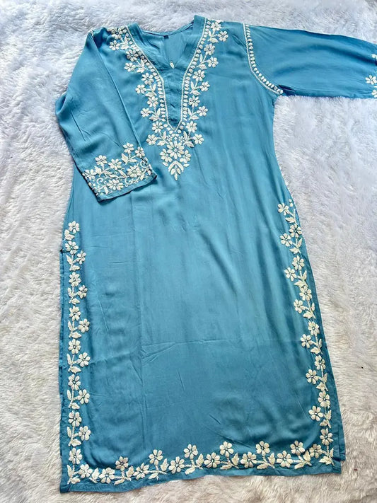 Powder Blue Rayon Lucknowi Chikankari Kurta by Hayat's Lucknowi