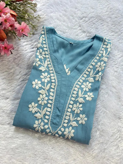 Powder Blue Rayon Lucknowi Chikankari Kurta by Hayat's Lucknowi