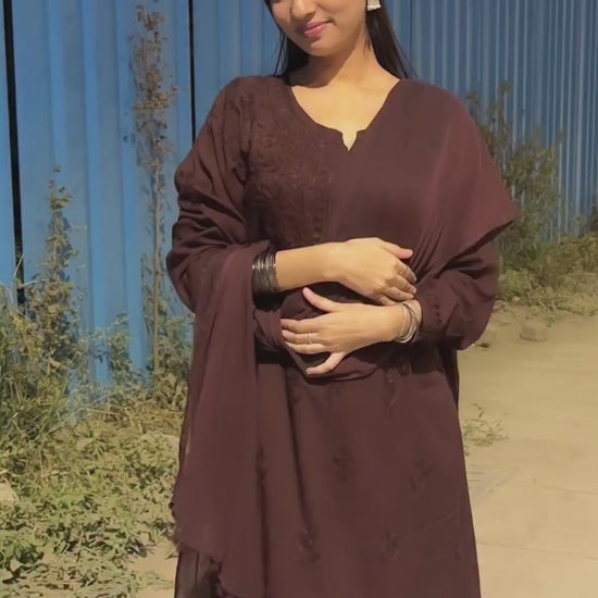 Brown Rayon Lucknowi Chikankari Kurta by Hayat's Lucknowi