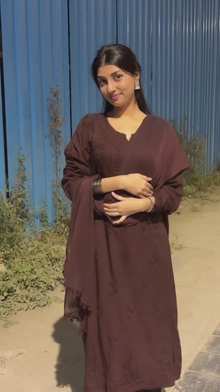 Brown Rayon Lucknowi Chikankari Kurta by Hayat's Lucknowi