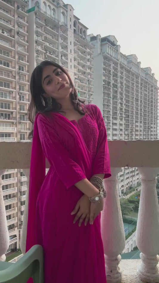 Zeenat Fuchsia Rayon Lucknowi Chikankari Set