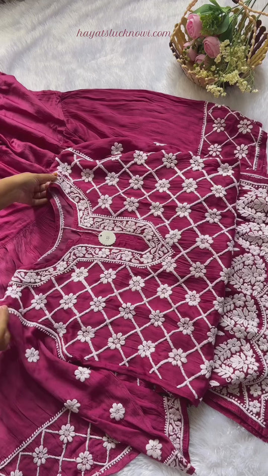 Wine Lucknowi Chikankari Modal Satin Garara Set with Dupatta