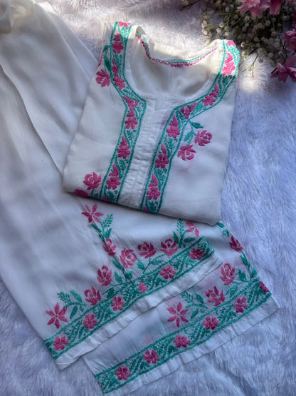 traditional white chikankari kurta plazo set with hand embroidery from colourful thread