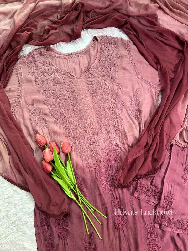 Wine muslin suit set with chikankari embroidery by Hayat’s Lucknowi