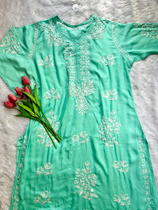Rose Sea Green Modal Chikankari Kurti - Hayat's Lucknowi