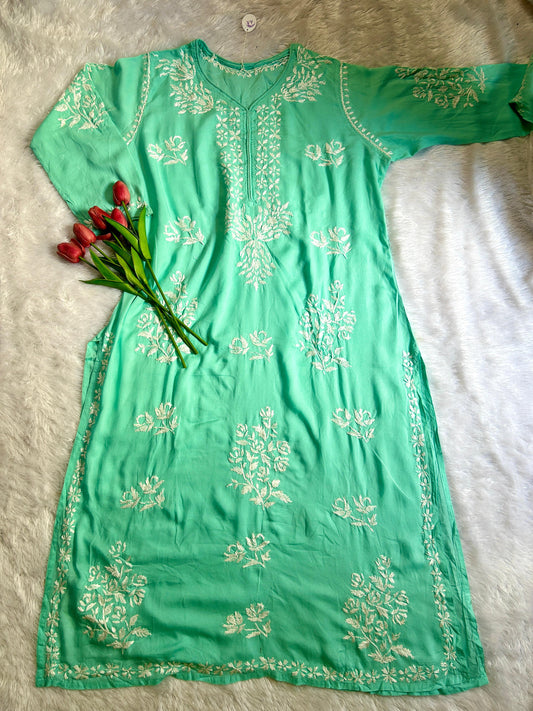 Rose Sea Green Modal Chikankari Kurti - Hayat's Lucknowi