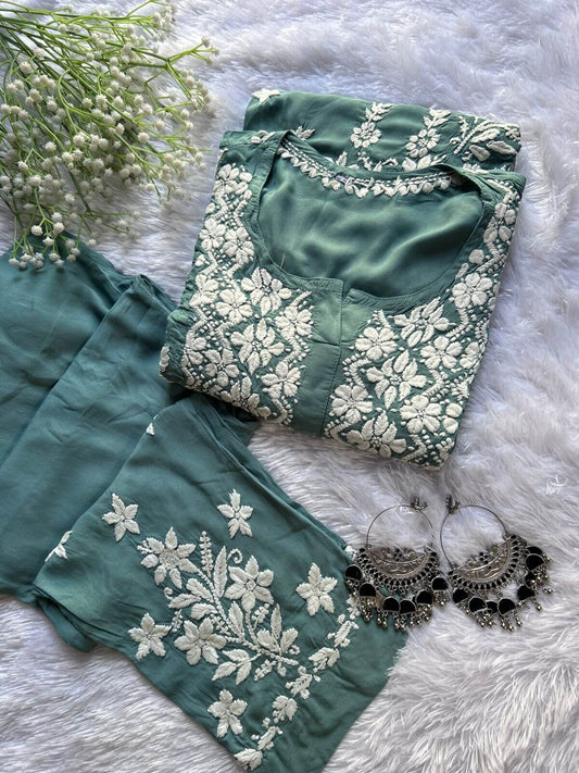 Aiman Sage Green Chikankari Modal Co-ord - Hayat's Lucknowi