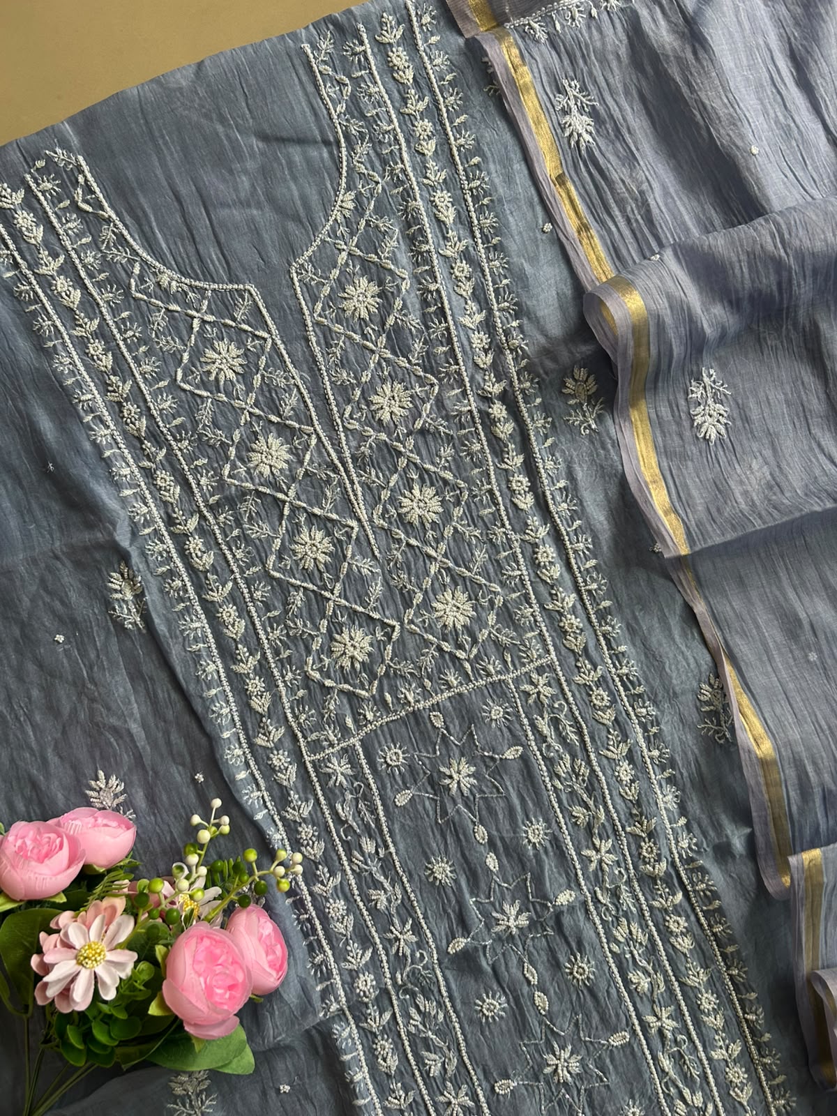 Lucknowi Chikankari Pearl Work on Blue Mul Chanderi Unstitched Kurta Set