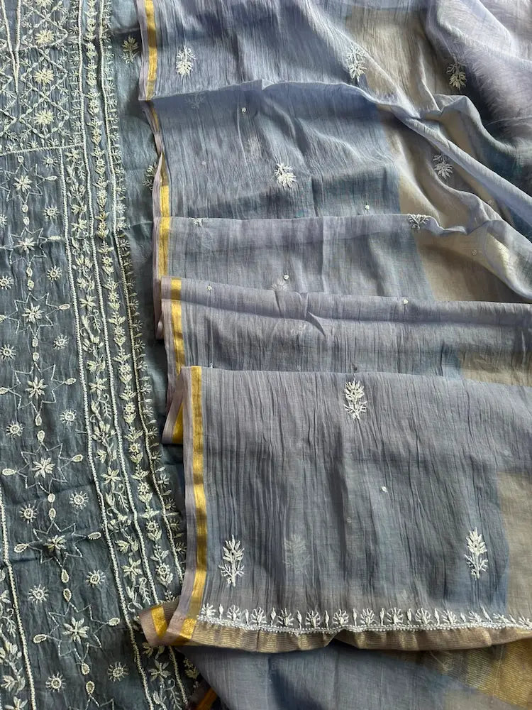 Shabnam Blue Mul Chanderi Dupatta with Chikankari Border — Hayat's Lucknowi