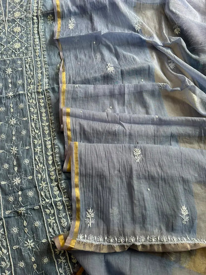 Shabnam Blue Mul Chanderi Dupatta with Chikankari Border — Hayat's Lucknowi