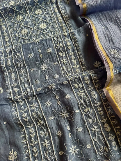 Blue Mul Chanderi Chikankari Kurta Fabric with Delicate Pearl Handwork — Hayat's Lucknowi