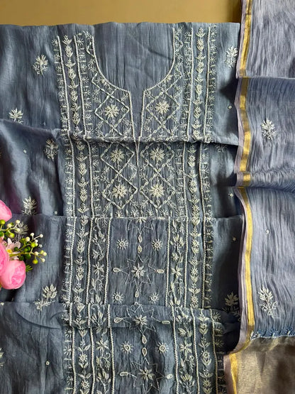 Blue Chikankari Unstitched Suit with Dupatta — Festive Ethnic Wear by Hayat's Lucknowi