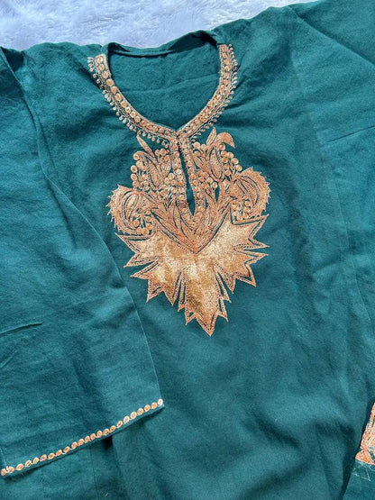Teal Blue Kashmiri Tilla Work Woolen Pheran by Hayat's Lucknowi