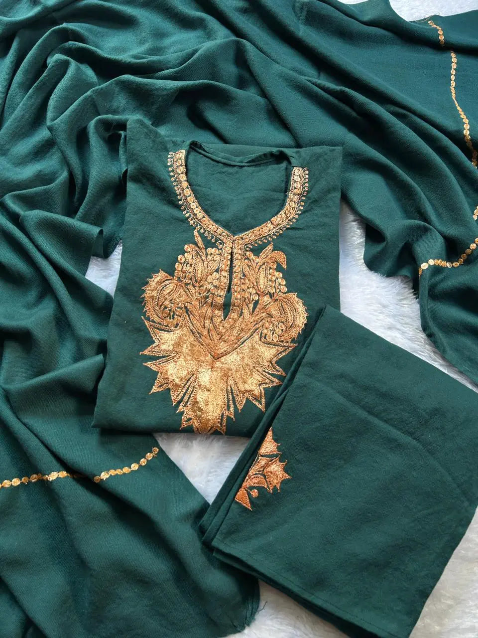 Teal Blue Kashmiri Tilla Work Woolen Pheran by Hayat's Lucknowi